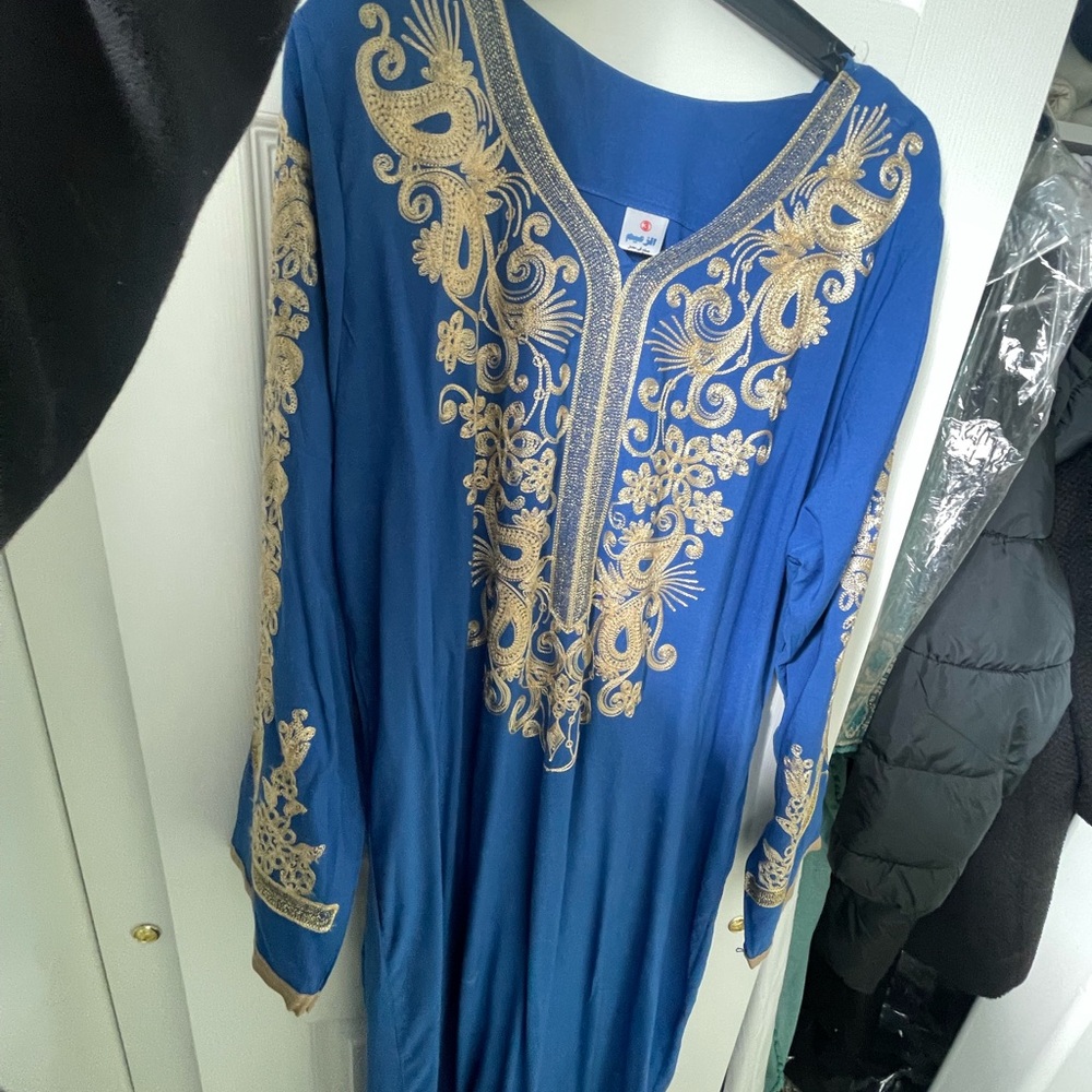 Blue Embroidered Kaftan with Gold Detailing
